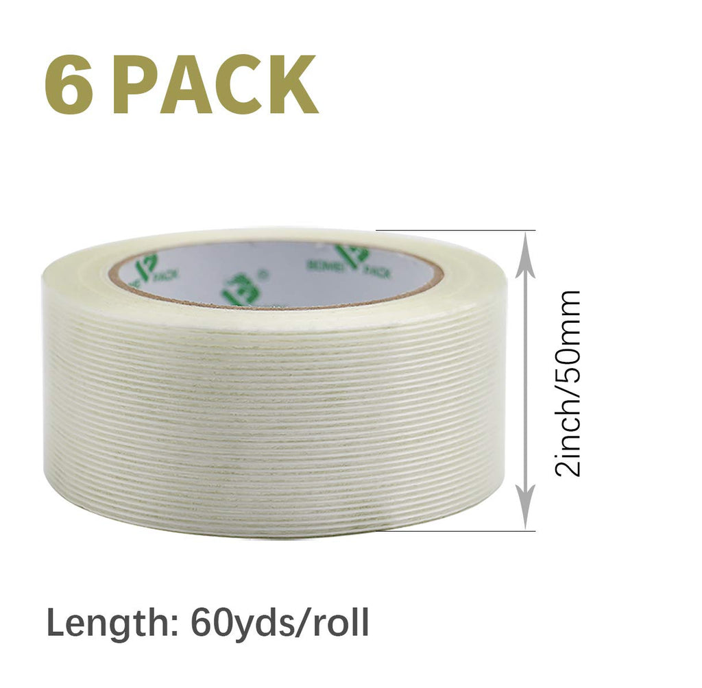 BOMEI PACK 6PACK Reinforced Packing Tape, 5.5Mil 2Inx 60Yds, Heavy Duty Fiber Strapping Adhesive Packaging Tape