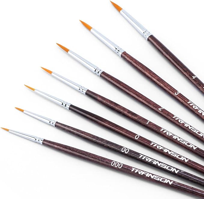 Transon Small Detail Paint Brushes 7pcs for Model Painting Acrylic, Gouache, Oil, Tempera and Face Painting