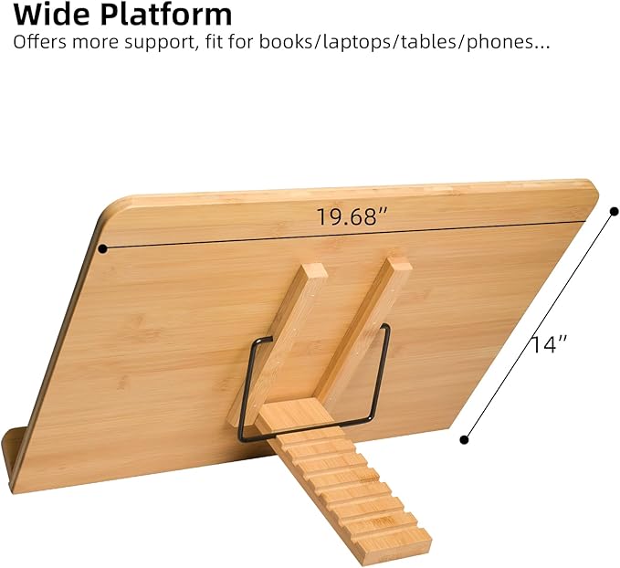 wishacc Book Stand, Extra Large (19.68 x 14 inches) Bamboo Wood Book Holder Recipe Stand for Thick Book Reading Hands Free