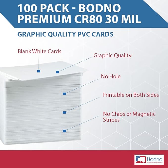 100 Pack - Bodno Premium CR80 30 Mil Graphic Quality PVC Cards