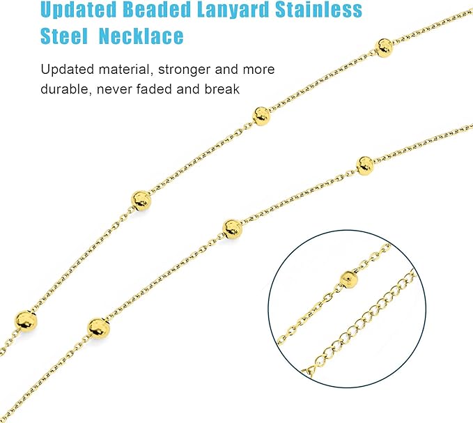 Retractable Badge Reel Lanyard with 2 Pieces ID Holder for Women, Fashion Beaded Chain Premium Stainless Steel Lanyard Necklace Water Resistant Name Badge Holder (Gold)