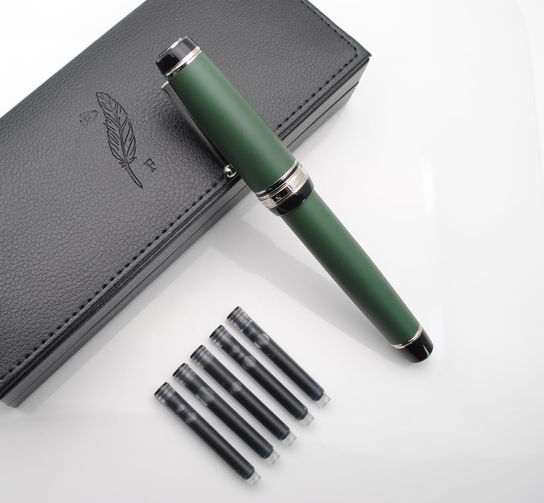 Metal Big Fountain Pen Set Medium Nib 0.7mm, Includes Ink Refill Converter, 5 Ink Cartridges & Gift Box (Medium Nib 0.7mm, Matte Green with Silvery Clip)