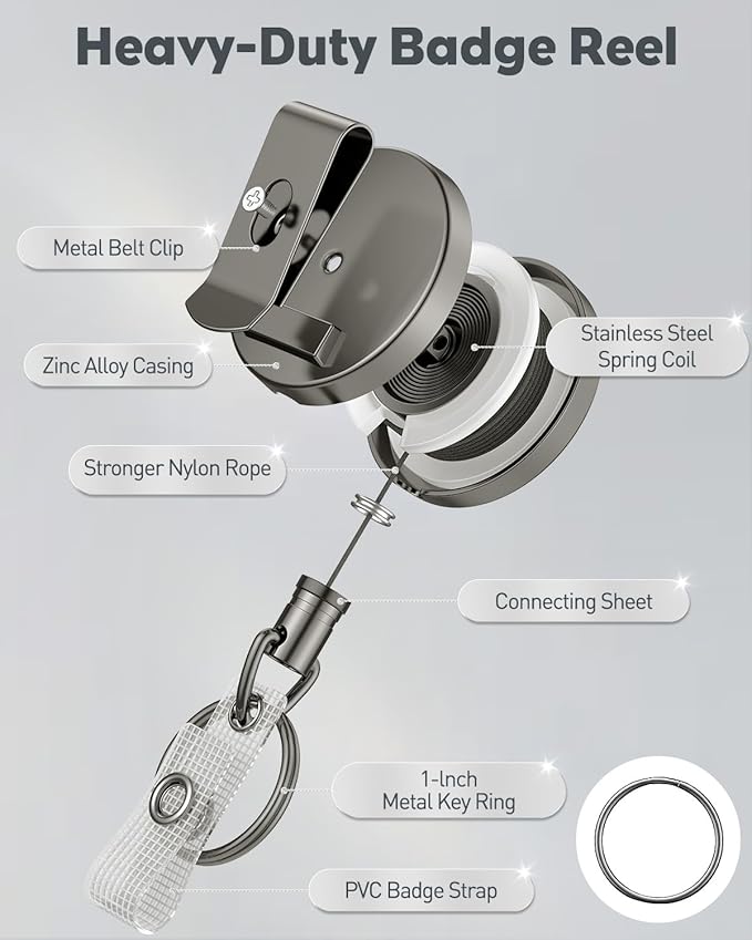 Uniclife 2 Pack Metal Retractable Keychain Heavy Duty Retractable Badge Reel for Badge Holder All Metal Casing with Stainless Steel Spring Coil 27.5 Inch Nylon Rope Belt Clip and Key Ring