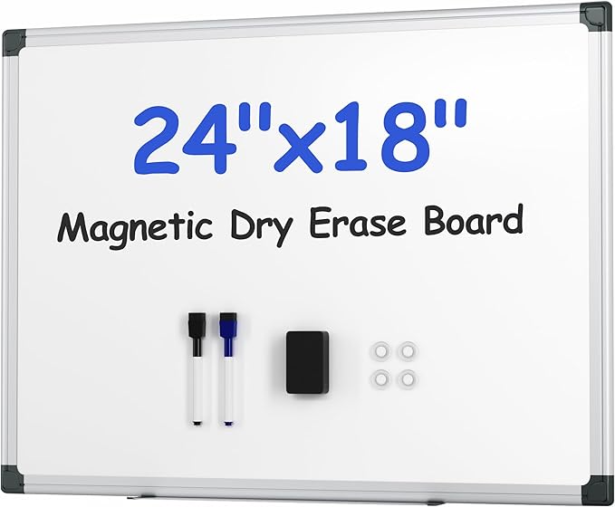 VUSIGN Magnetic White Board Kit for Wall 24" x 18", 1 Dry Eraser & 2 Multicolor Markers & 4 Magnetic Pins, Sliver Reinforced Aluminum Frame for Home, School, Office