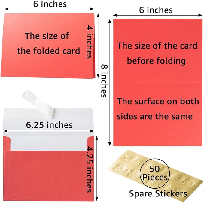Wishop 50 Pack Shiny Self-Adhesive Envelopes with Shiny Fold Cards for Wedding Invitations, Greeting Cards, Baby Shower, Letter Mailing (Red, 4x6)