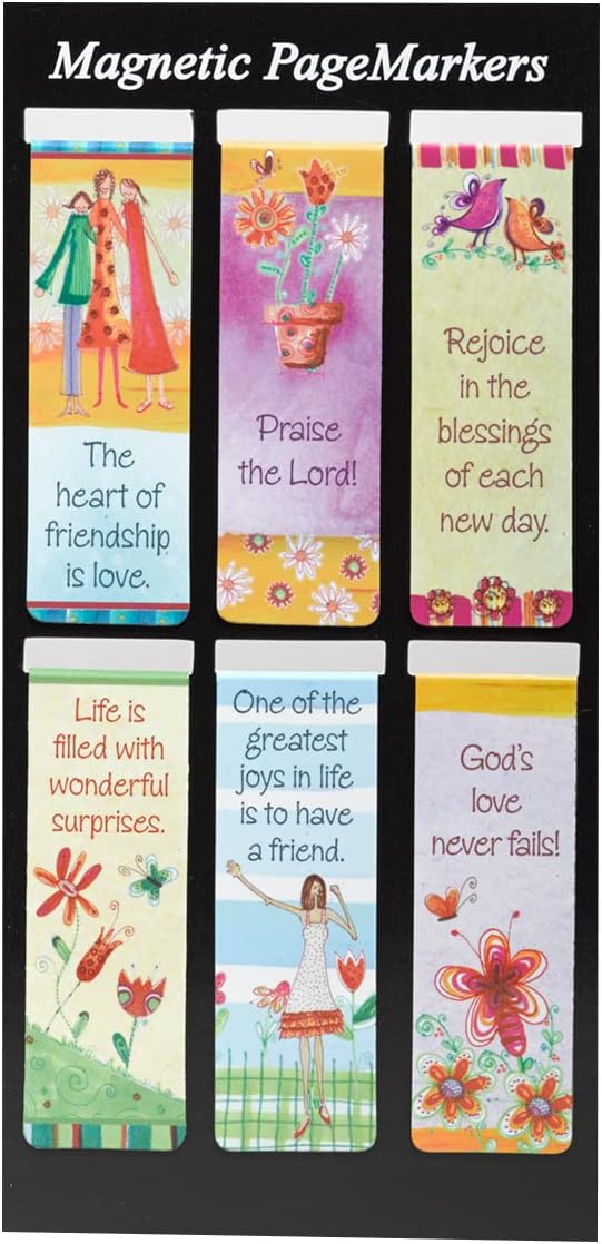 Christian Art Gifts Magnetic Scripture Bookmark Set with Love Joy and Friendship - Inspirational Whimsical Friend Themed Magnetic Bible Verse Pagemarker Set of 6 for Bibles and Books, Size 2.3” x 0.8”