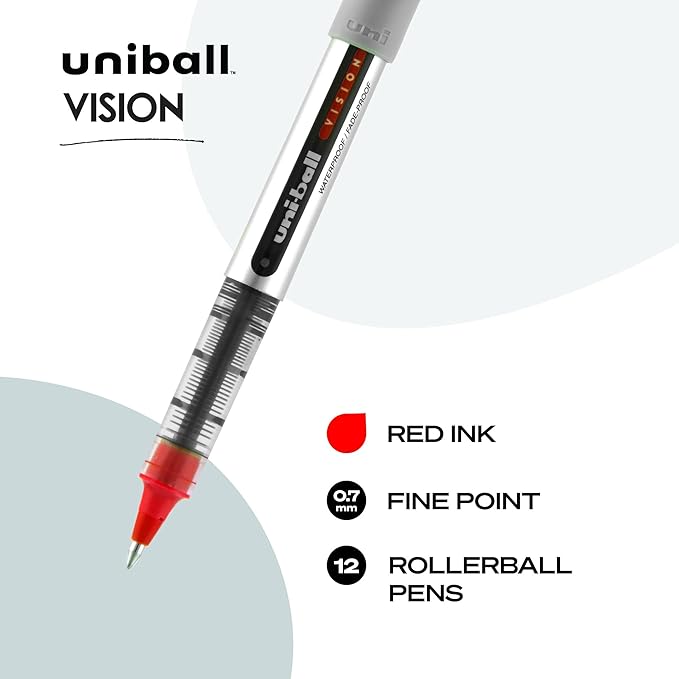 uni-ball uniball Vision Rollerball Pens with 0.7mm Fine Point, Red, 12 Count