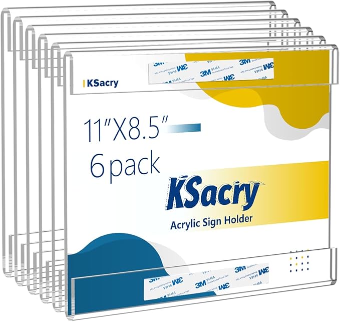 6 Pcs Acrylic Sign Holder 11 x 8.5, Horizontal Wall Mount Sign Holders with 3M Adhesive, Clear Plastic Frames Paper Display Sign Holders for Office, Home, Store, Restaurant - No Drilling