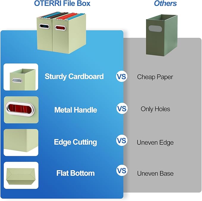 Oterri File Organizer, Small Storage Box, Cardboard File Folder Organizer, Collapsible File Box, Hanging File Organizer for Letter Size, Portable File Box with Handle, Only Box（Green，6 Packs）