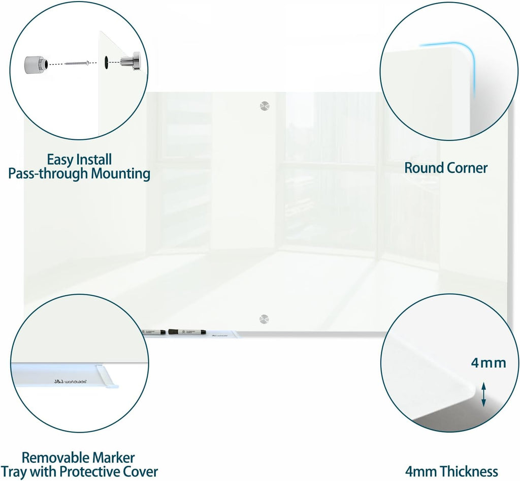 J&J worldwide Glass Dry Erase Board 6' x 4', Glass Whiteboard Magnetic, Large Frameless Glass White Boards for Walls, Includes Magnets, Marker Tray, Eraser for Office, Home, School