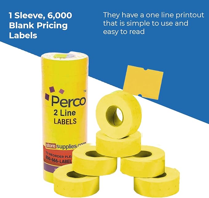Perco 2 Line Yellow Labels - 8 Rolls, 1 Sleeve, 6,000 Blank Price and Date Gun Labels for Perco 2 Line Price and Date Guns - Made in USA