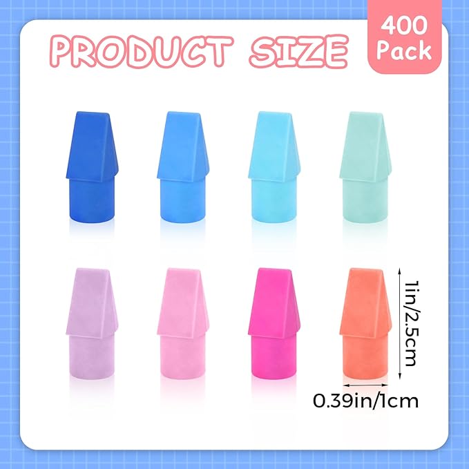 PRALB 400PCS Chisel Shape Pencil Eraser Caps Pencil Erasers Assorted Colors for Party Favors Games Prizes Pencil Top Erasers Home School Office, Color 2