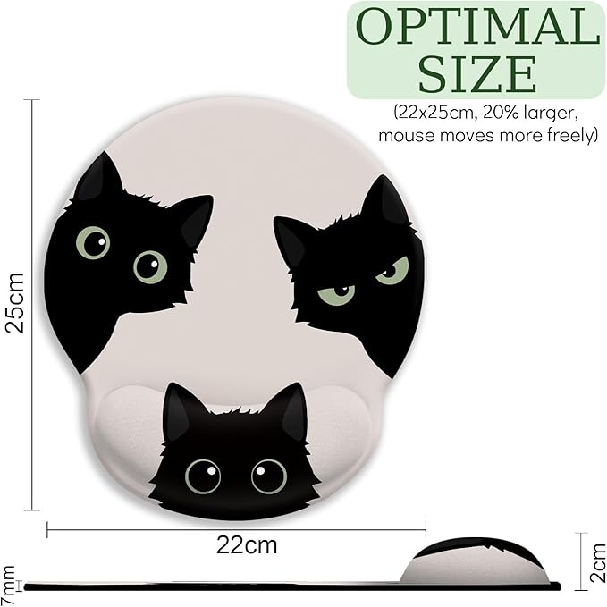 Cat Mouse Pad, Funny Ergonomic Mousepad with Wrist Rest, Gaming Mouse Pad Wrist Support with Non-Slip Pain Relief PU Base, Black Cat Mouse Pads for Desk, Cute Office Desk Accessories Decor