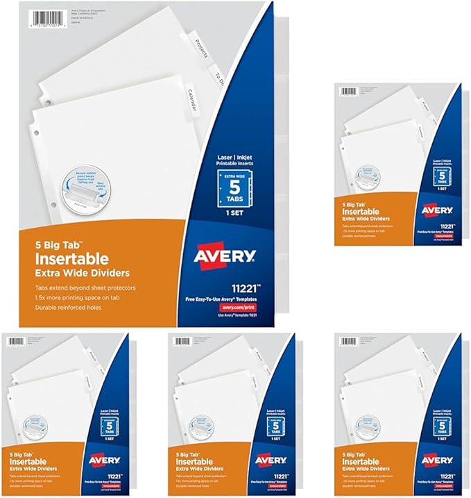 Avery Extra-Wide Big Tab Insertable Dividers for 3 Ring Binders, 5 Tab Set, White Paper, Clear Tabs, Works with Sheet Protectors, 1 Set (11221) (Pack of 5)