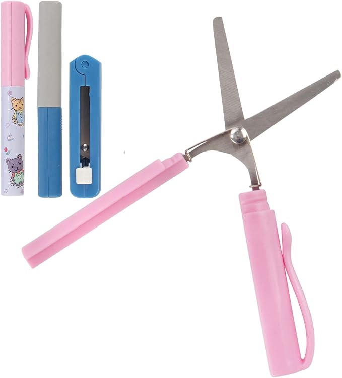 JubileeYarn Portable Travel Safety Scissors, Pen & Push Folding Style - Garden Kitty Pen, Dark Blue Pen, Dark Blue Push