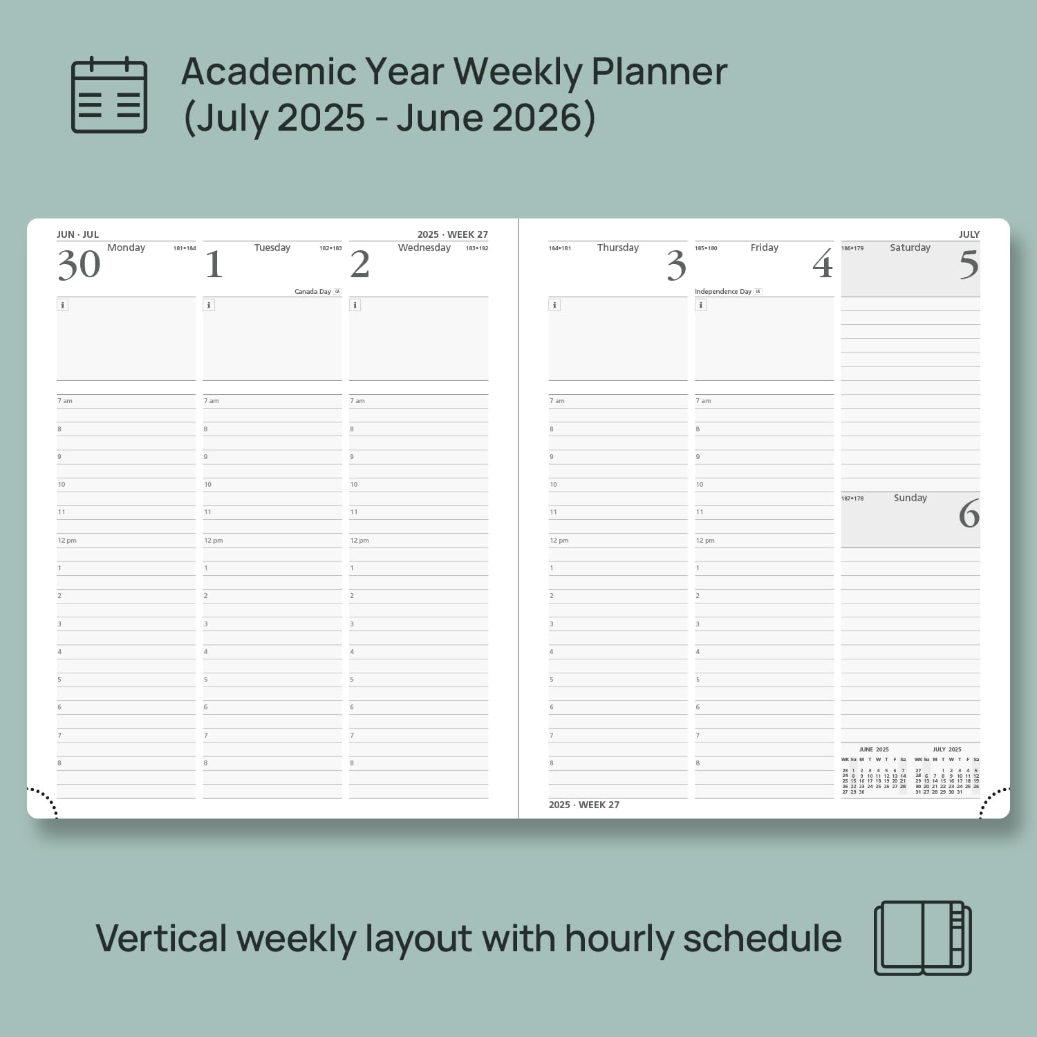 POPRUN Planner 2025-2026, (Large 8.5'' x 10.5'' Hard Cover) Academic Calendar (July 25-June 26) Daily Weekly and Monthly Appointment Book with Hourly Time Slots, Monthly Tabs, 100 GSM - Pacific Green