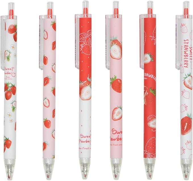 YYaaloa 48pcs Cute Pens Black Gel Ink Pens Retractable Pens for Kids Girls Boys Women Office School Supplies (Red strawberry pens)