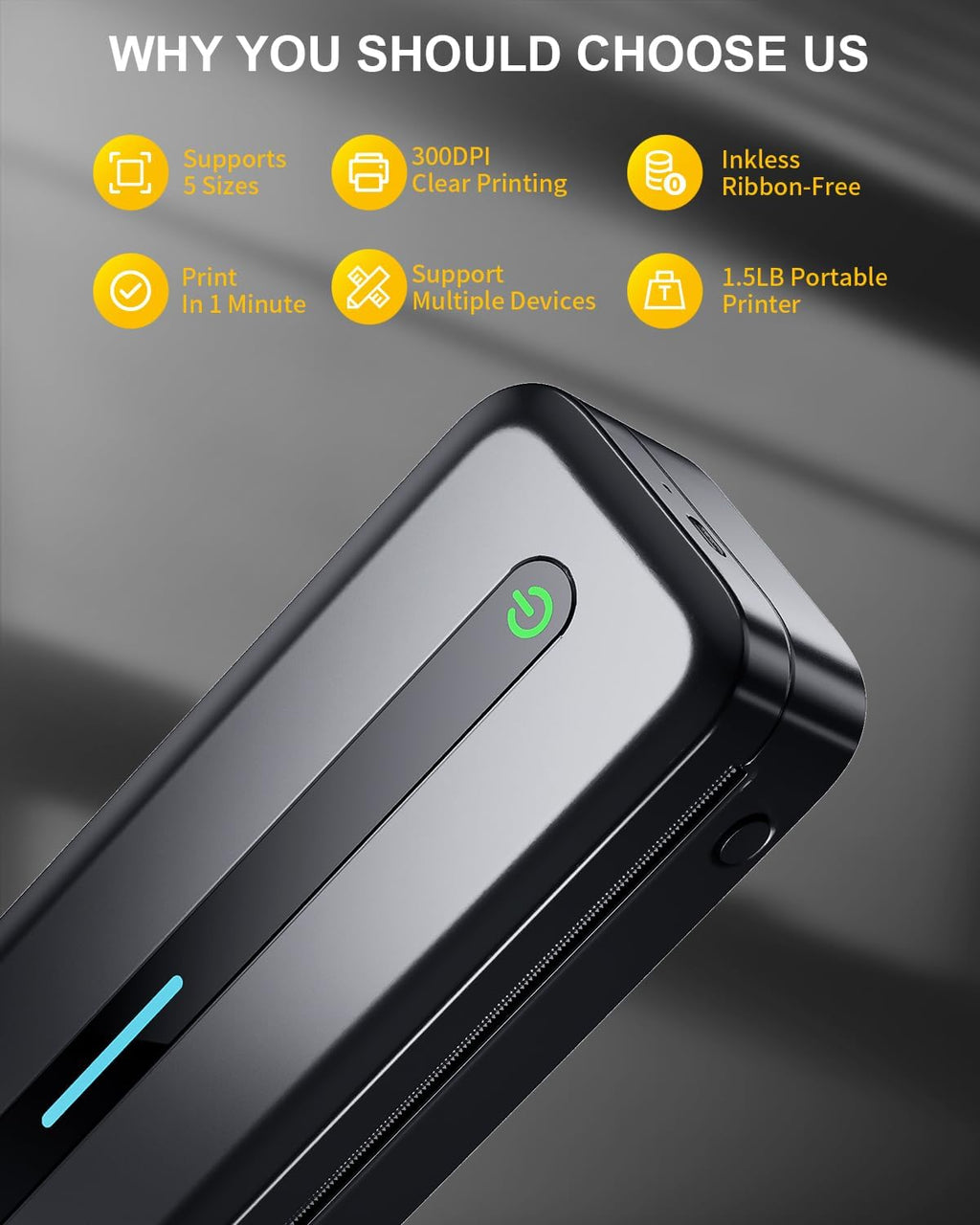 COLORWING Portable Printers Wireless for Travel, 300DPI Mini Compact Inkless Printer, Thermal Bluetooth Printer Compatible with Android and iOS Smartphone & Tablet & Laptop - Black