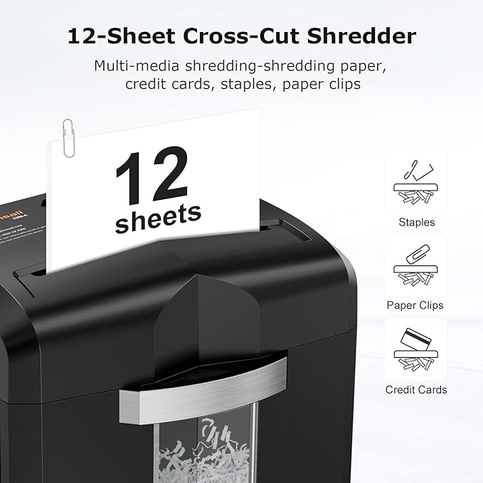 Bonsaii Paper Shredder, 12 Sheet Cross Cut Shredders for Home Office Heavy Duty, 20-Minutes Running Time with 4.2 Gal Pullout Bin for Credit Card Jam-Proof Shredding Machine (C266-A New)