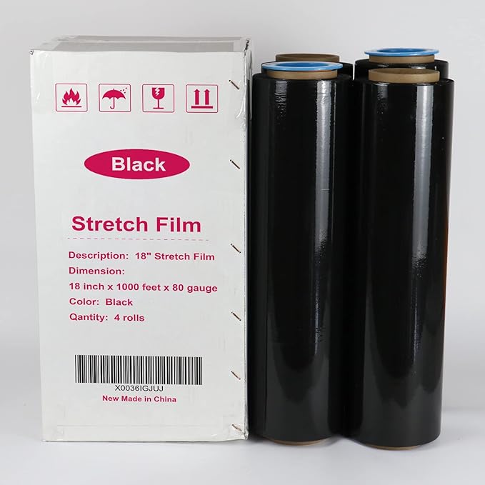 BOMEI PACK Black Stretch Wrap Industrial Strength with Plastic Handle 18" x 1000 Feet 80 Gauge 4 Pack, Black Shrink Wrap, Self-Adhering Black Plastic Wrap for Shipping, Moving