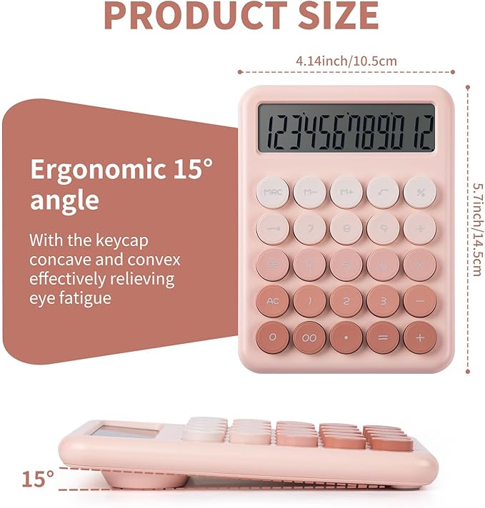 Calculator, Desk Calculators, Cute Pink Calculator, 12 Digit with Large LCD Display, Basic Standard Calculator, Big Button, Aesthetic Calculator, Mechanical Calculator for Office School