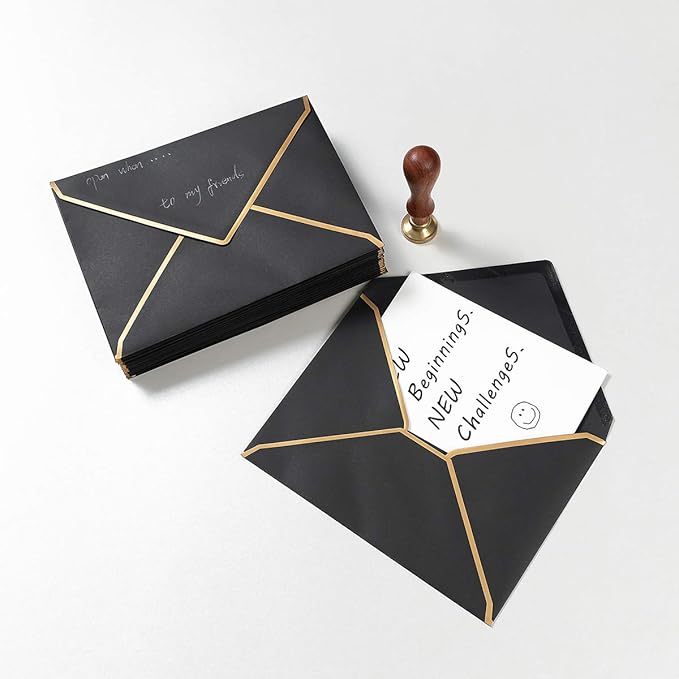 50 Pack A4 Envelopes Black 4x6 Self-Adhesive V Flap Envelopes with Gold Border for Office, Wedding Gift Cards, Invitations, Graduation, Baby Shower, Parties (4.25x6.25 inches)