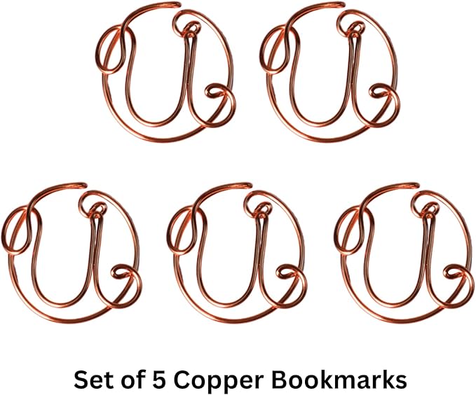 Personalized Initial Copper Bookmark, Set of 5, Handmade Copper Gift for Her, Him, Couple on Birthday, Wedding Anniversary, Alphabet Bookmark (U)