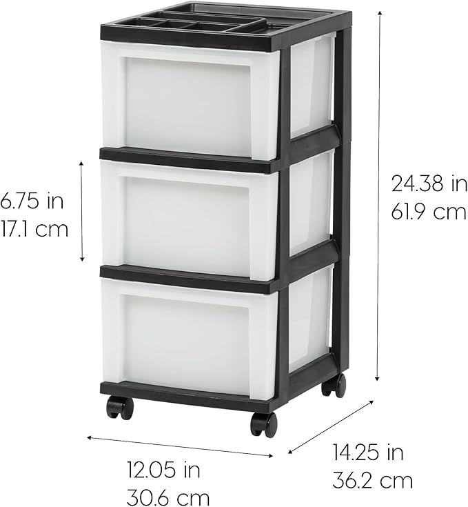 IRIS USA Plastic Drawer Storage Organizer Rolling Cart, with Wheels Casters, 3-Drawers, for Classroom Art Craft Supplies Dresser Closet Bathroom Dorm Bedroom Laundry Room, Black/ Pearl