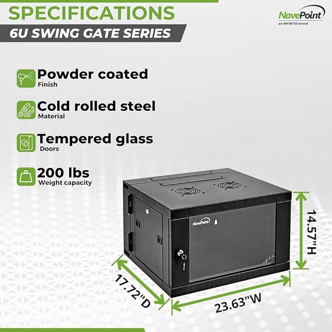NavePoint 6U Server Cabinet with Hinged Back - 17.7” Deep, 6U Server Rack Enclosure with Locking Glass Door, Wall Mount Rack with Removable Side Panels, 6U Network Cabinet with 2 Fans, Pre-Assembled