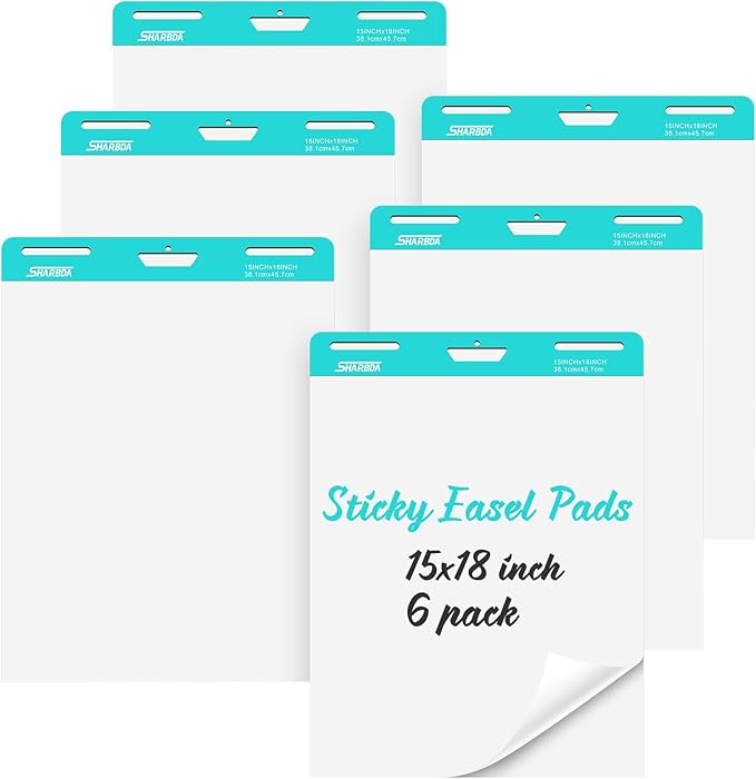 Sticky Mini Easel Pad, 15 x 18 Inches, Self Stick Flip Chart Paper,Sticky Chart Paper for Teachers, Anchor Chart Paper for Office, 30 Sheets/Pad,6 Pads
