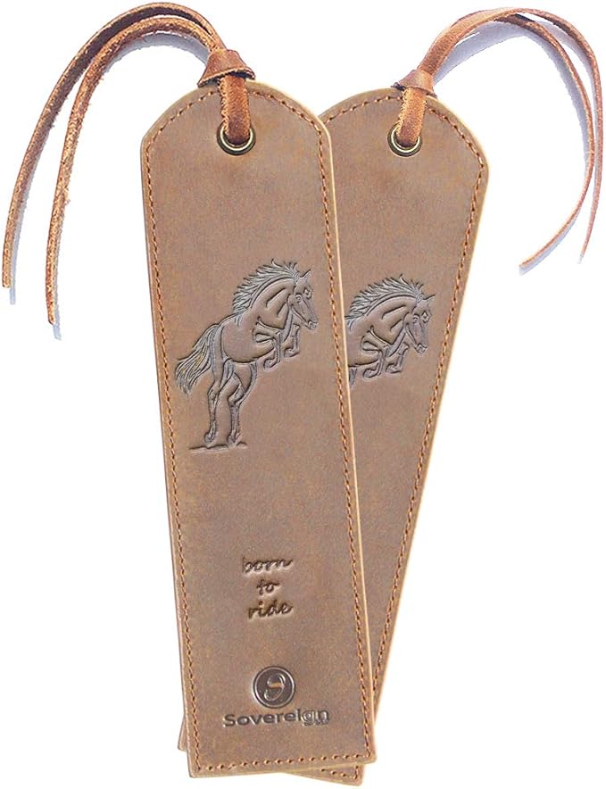 Leather Bookmarks for Men and Women | Quality Mens Bookmark with Jumping Horse | 2 Smooth Handmade Leather Book Markers for Men Women Book Lovers Readers (7x2) Leather Gift | Sovereign-Gear