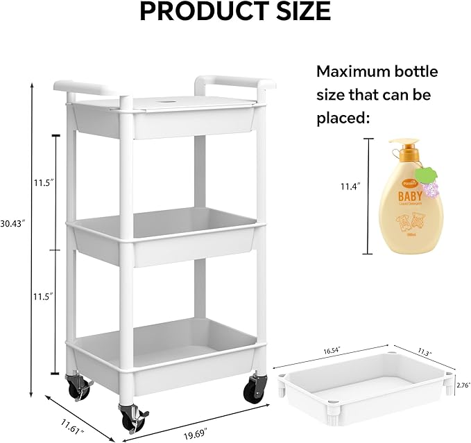 3-Tier Utility Rolling Cart with Cover Top Board, Mobile Utility Cart with Lockable Casters Multi-Functional Storage Trolley for Office, Bathroom, Kitchen, Garden, Laundry Room (White)