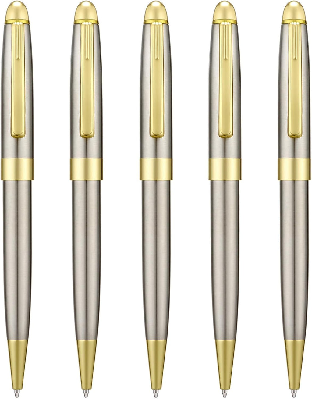 5 PCS Silver Ballpoint Pens with Extra Refills Set, 1mm Medium Point Black Ink, Great Smooth Writing Metal Pen for Business Office Teacher Student Wedding Guest Gift (Gold Trim)