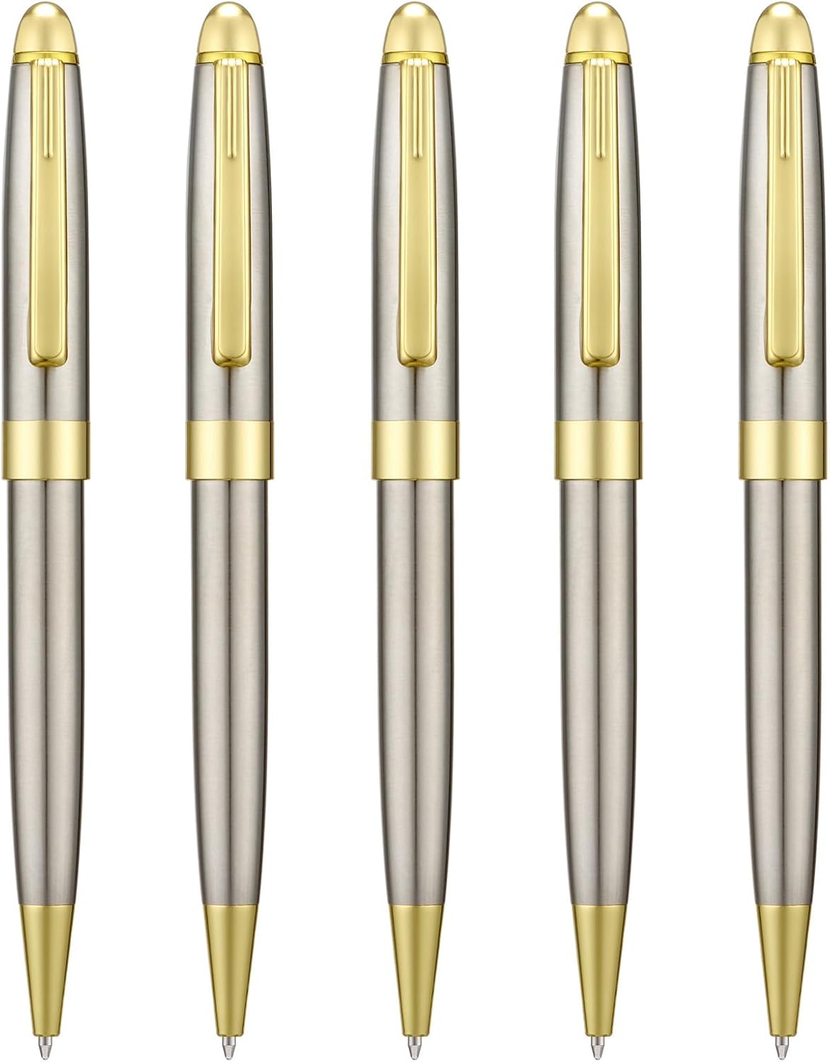 5 PCS Silver Ballpoint Pens with Extra Refills Set, 1mm Medium Point Black Ink, Great Smooth Writing Metal Pen for Business Office Teacher Student Wedding Guest Gift (Gold Trim)