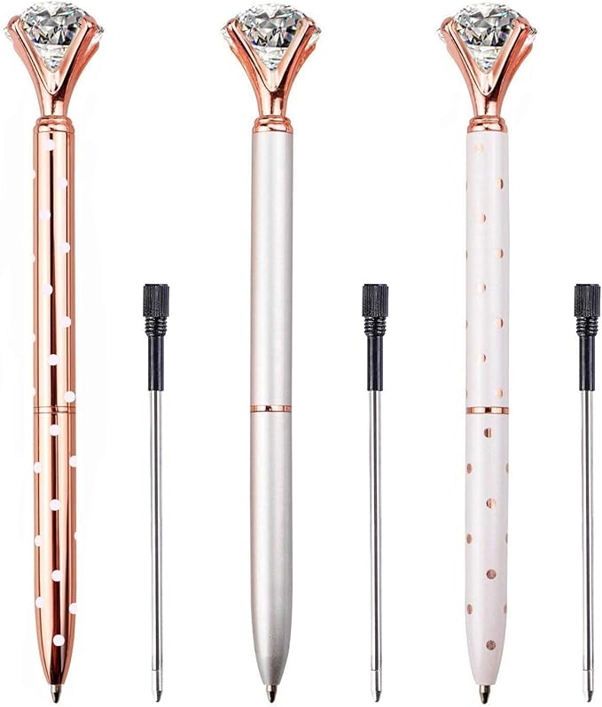 3PCS Big Crystal Diamond Ballpoint Pen Bling Metal Ballpoint PenOffices and schools, silver/White With Polka Dots/Rose Gold With Polka Dots, Includes 3 Pen Refills