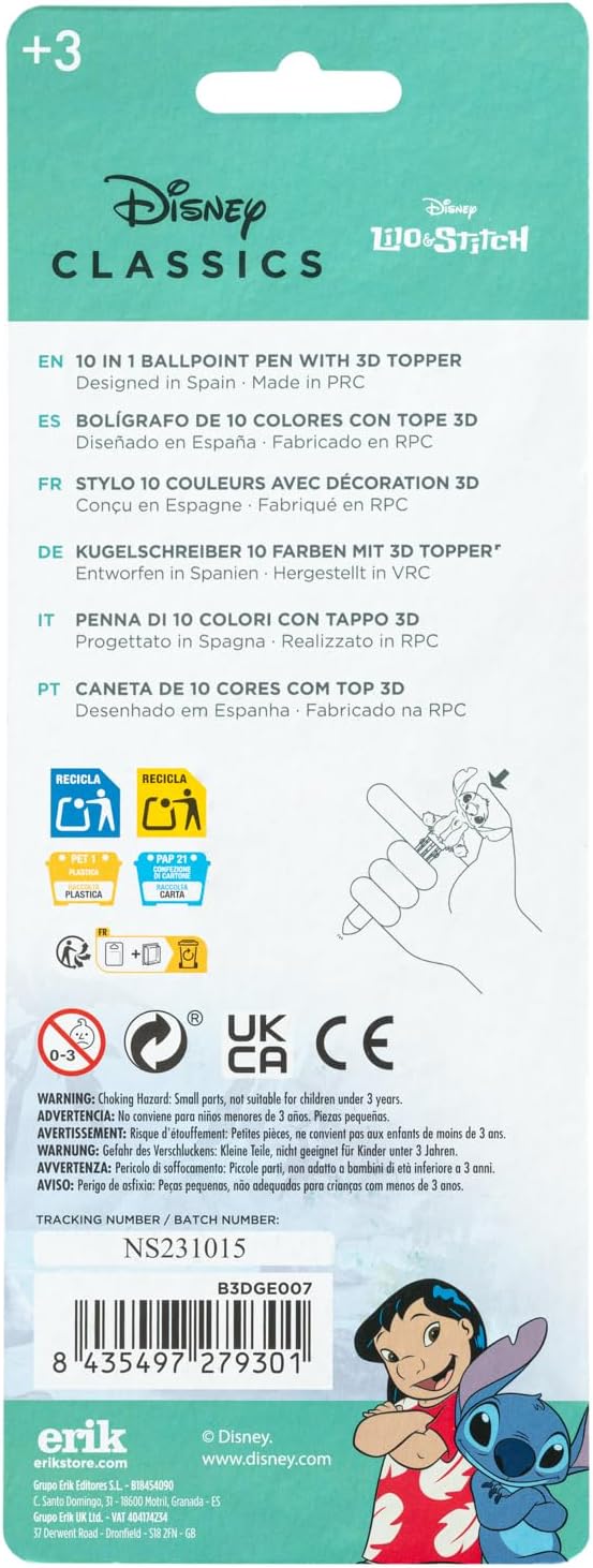 Grupo Erik Stitch Pen - Disney | 10 In 1 Ballpoint Pen With 3D Stitch Topper | Disney Pen | Lilo & Stitch Gifts | Stitch Gifts | Disney Gifts | Stitch Disney Gifts