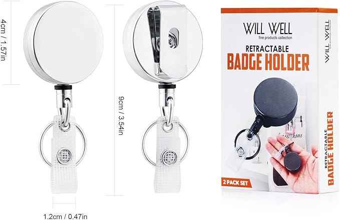 Will Well ID Badge Holder Reel with Clip and Keyring - Heavy-Duty All-Metal Casing with 27.5"UHMWPE Fiber Pull Cord for Durability and Easy Access, Holds up to 8 Keys - 2-Pack, Round, Glossy Silver