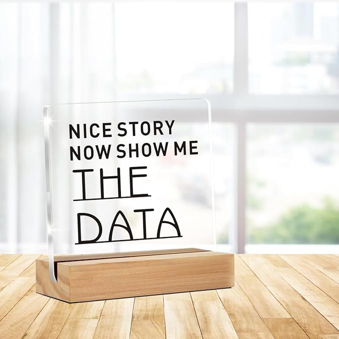 Funny Office Desk Decor, Cool gifts for Coworker, Show Me The Data Clear Decorative Acrylic Sign With Wooden Stand for Office Desk Table Shelf (4 x 4 Inches)