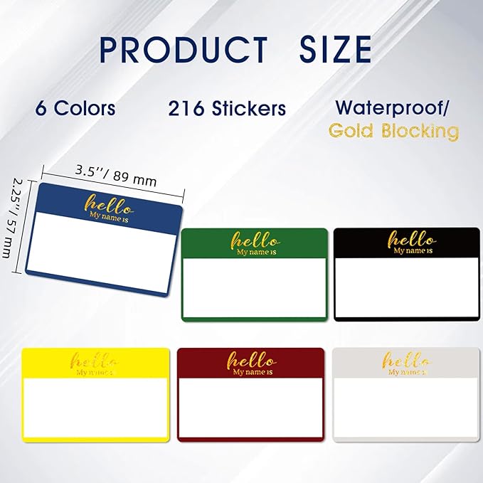 Hello My Name Tag | Gold Foil Waterproof 3.5 x 2.25 Inch Large Name Tags | 6 Colors | 216pcs Name Stickers Name Badge for School, Business and Conference