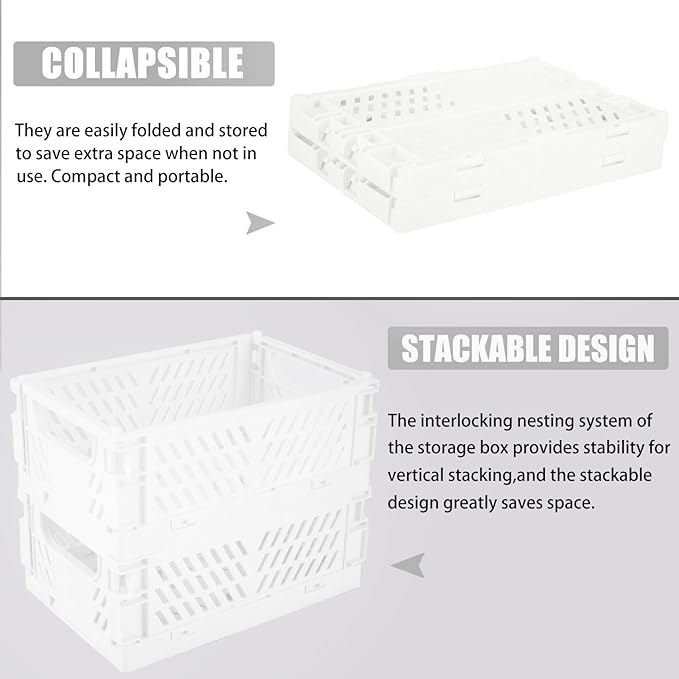 Tixill 2-Pack Mini Foldable Plastic Storage Box Mini Plastic Baskets for Organizing and Storage for Home Kitchen Bedroom Bathroom Office. (White, 16x11x6)