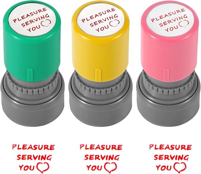 3pcs Pleasure Serving You Stamps, Server Stamps for Checks Stationery Stamp Self Ink Stamp for Service Work (Pink, Green, Yellow)