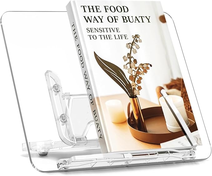 Acrylic Book Stand for Reading, UPERGO Portable Book Holder for Desk, Angle Adjustable Textbook Stand for Document Recipe, Cookbook, Music Book