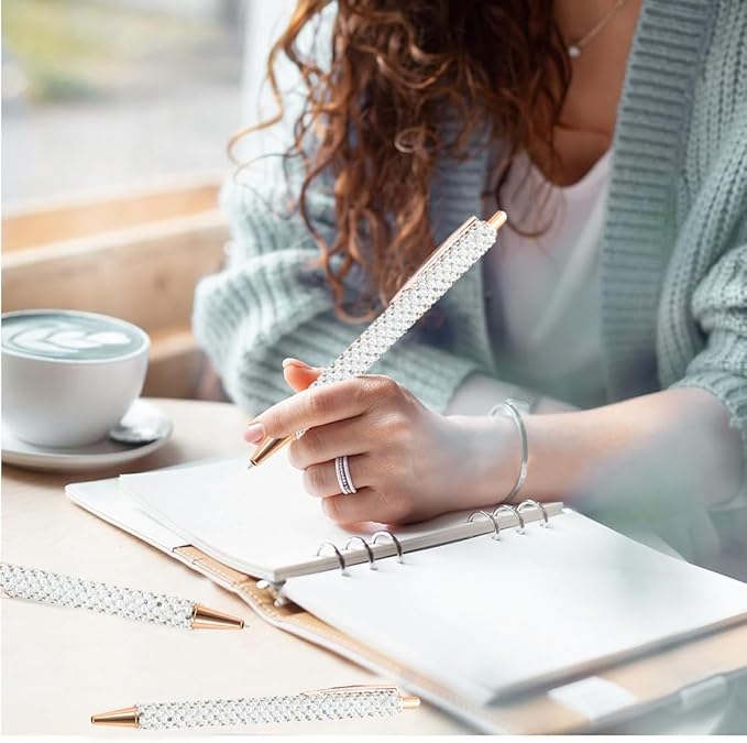 4 Pcs White Pearl Pens Rhinestone Metal Ballpoint Pens Sparkly Crystal Pens Black Ink for Women Girls Office School Supplies