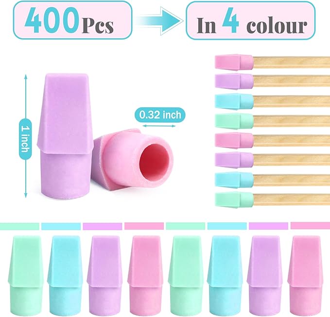 PRALB 400PCS Pencil Top Eraser Bulk Caps for Pencils,Chisel Shape Erasers Toppers Assorted Colors for Party Favors Games Prizes, Pencil Top Erasers Cap for Home School Classroom Office,Color 4