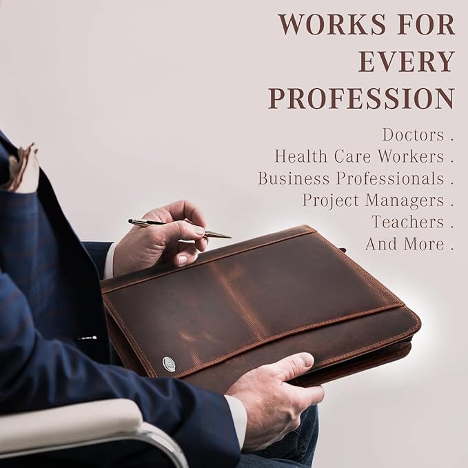 Leather Portfolio Binder, Professional Organizer Padfolio – Resume Folder, Business Card & Document Holder, Portfolios for Men & Women, Office & Business Supplies by Luxeoria | (Large - Brown)