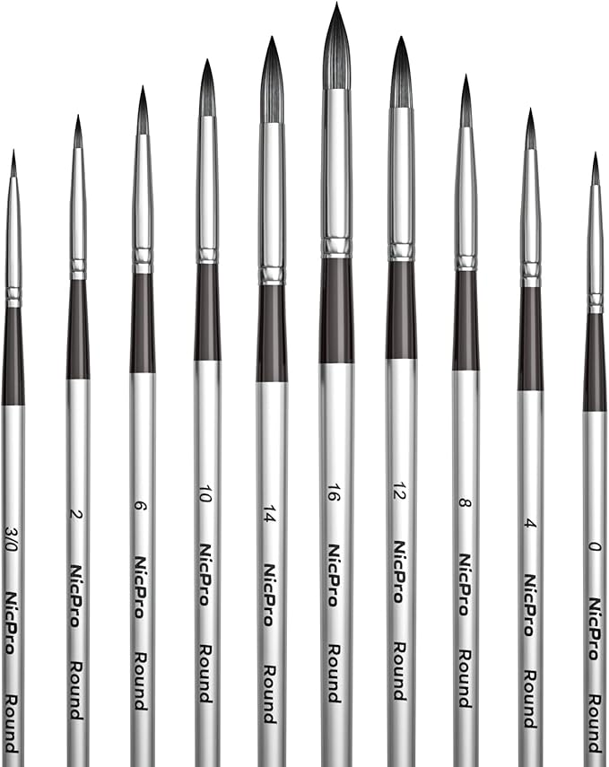 Nicpro 10 PCS Watercolor Paint Brushes, Round Tip Artist Painting Brush Set for Water Color, Acrylic Oil, Gouache, Ink, Detail, Rock, by Number Model Art Paintbrush