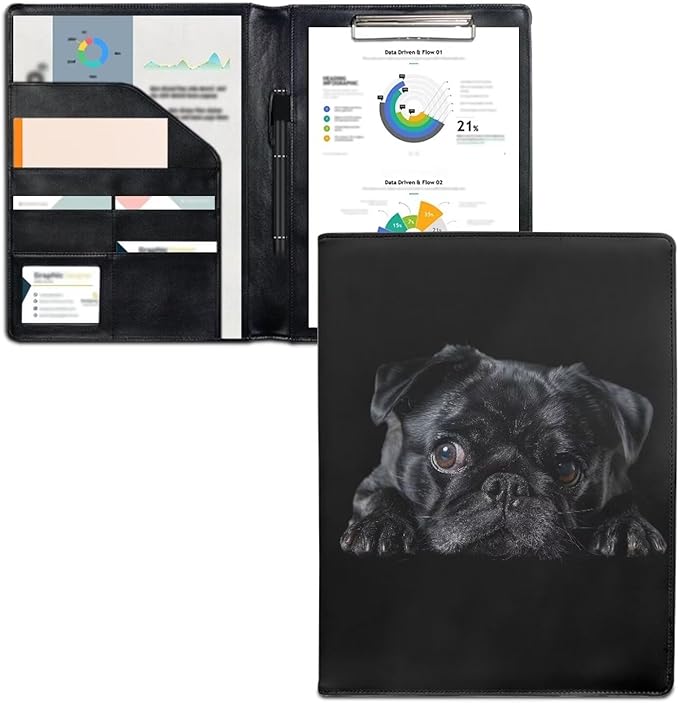 Office Folder Black Pug Dog Print PU Leather Padfolio with A4 Size Clipboard Clip for Business Resume Interview Document Sleeve Binder Folder for Men/Women