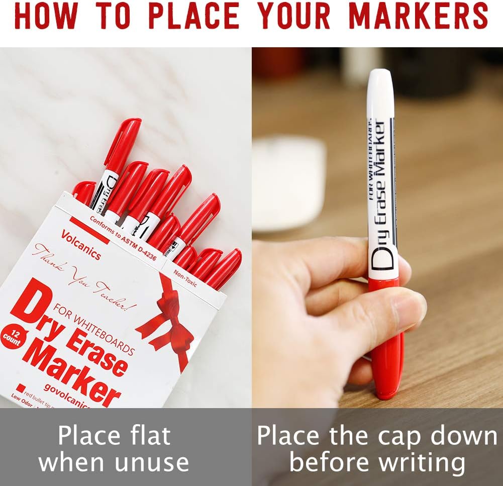 Volcanics Red Dry Erase Markers Low Odor Fine Whiteboard Markers Thin Box of 12