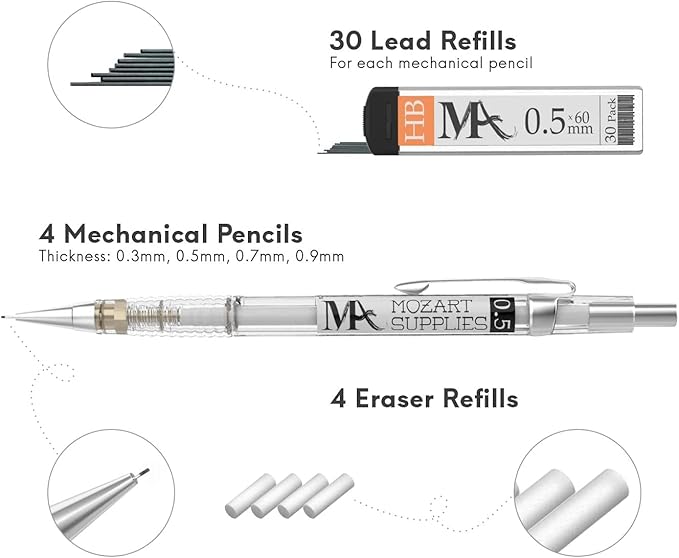 MozArt Mechanical Pencil Set with Case - 4 Sizes: 0.3, 0.5, 0.7 & 0.9mm with 30 HB Lead Refills Each & 4 Eraser Refills -Sketch, Drafting, Art, Drawing Supplies (Clear)