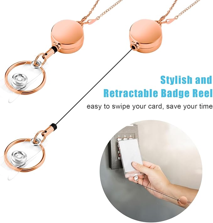 Retractable Badge Reel Lanyard with 2 Pieces ID Holder for Women, Fashion Beaded Chain Premium Stainless Steel Lanyard Necklace Water Resistant Name Badge Holder